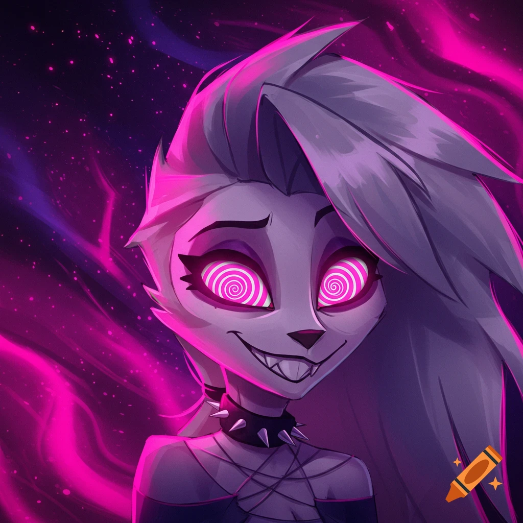 Stylized cartoon portrait of a gray canine character with pink hypnotic eyes and sharp teeth against a glowing purple background
