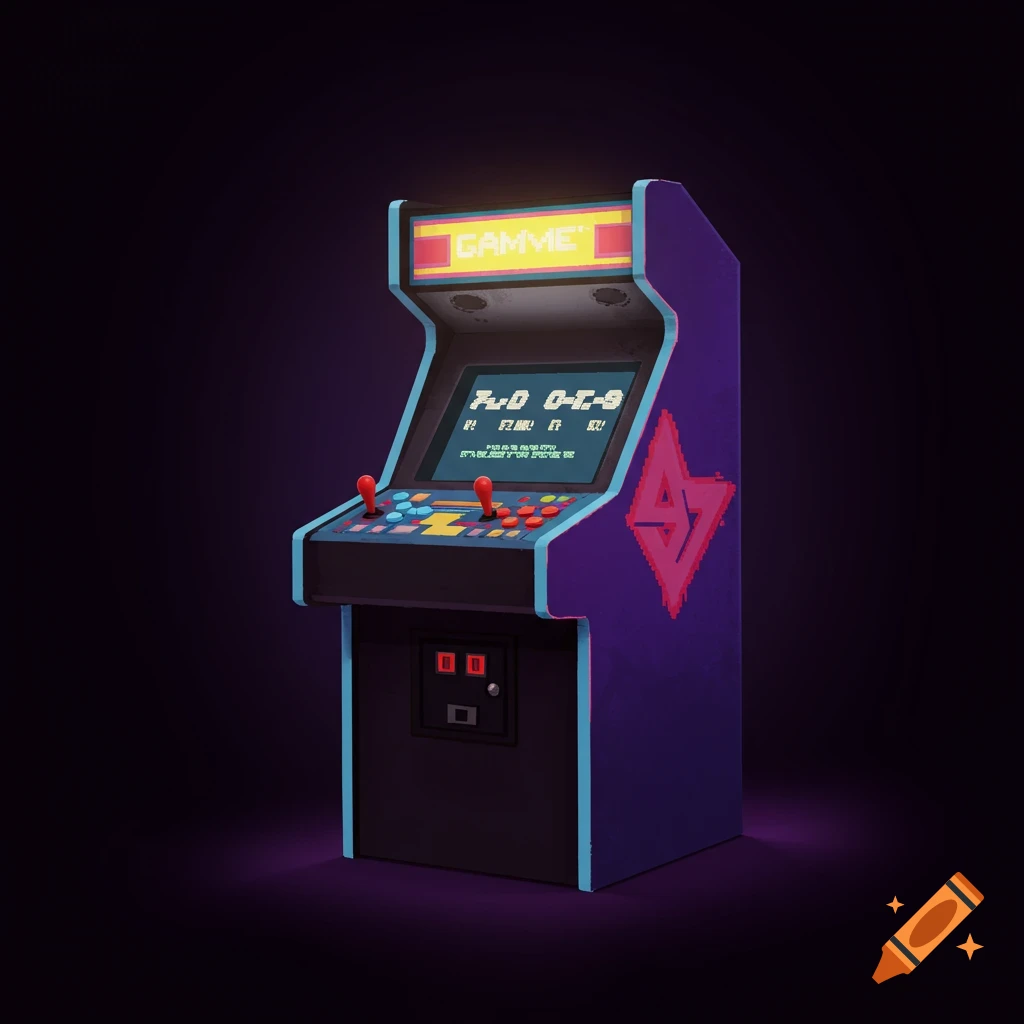 Retro pixel art arcade machine with glowing screen and purple and black casing.