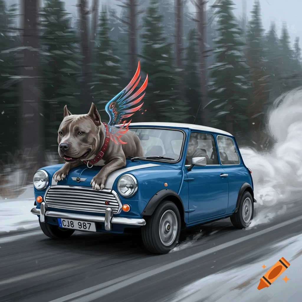 Pitbull with phoenix wings on a blue Mini Cooper driving through a snowy forest