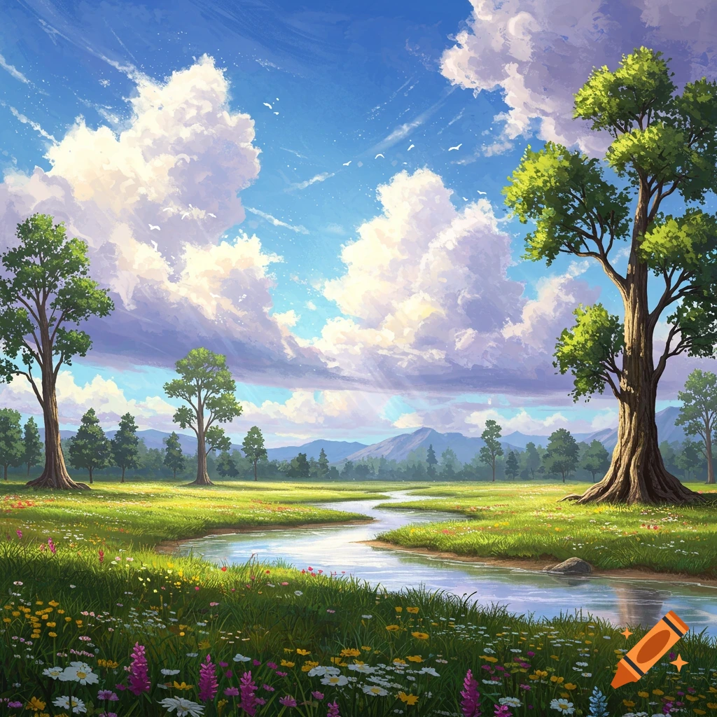 Sunny view of a lush meadow with wildflowers, trees, a winding river, mountains, and bright clouds.