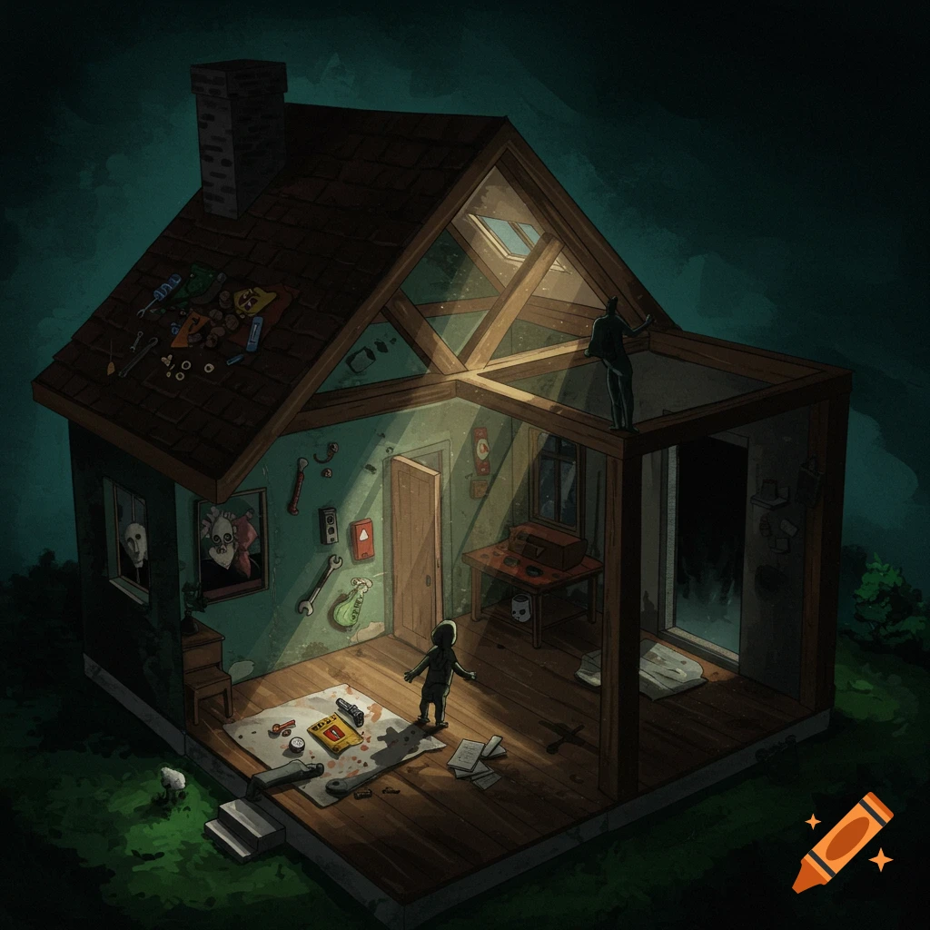 Dark illustration of a cross-section of a house with distorted figures, masks, and scattered objects inside.