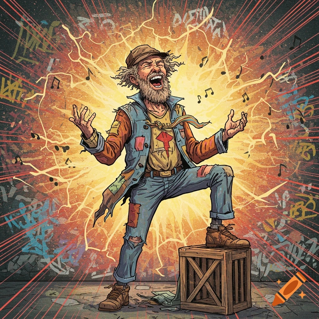Illustration of a man singing on a crate amidst musical notes and graffiti, emanating energy.