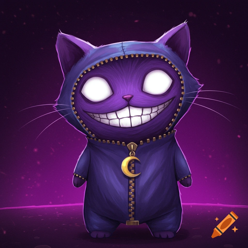 Purple cartoon cat character with white eyes, wide grin, and moon charm on zipped suit.