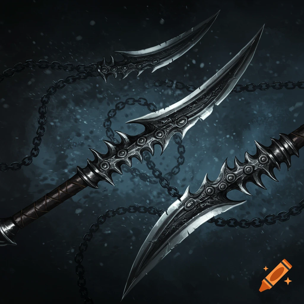 Detailed fantasy chain blades on a dark background