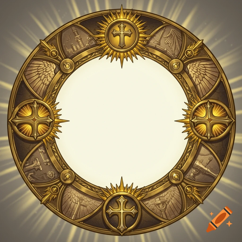 A circular golden decorative border with crosses, wings, and sun motifs, emanating light rays.