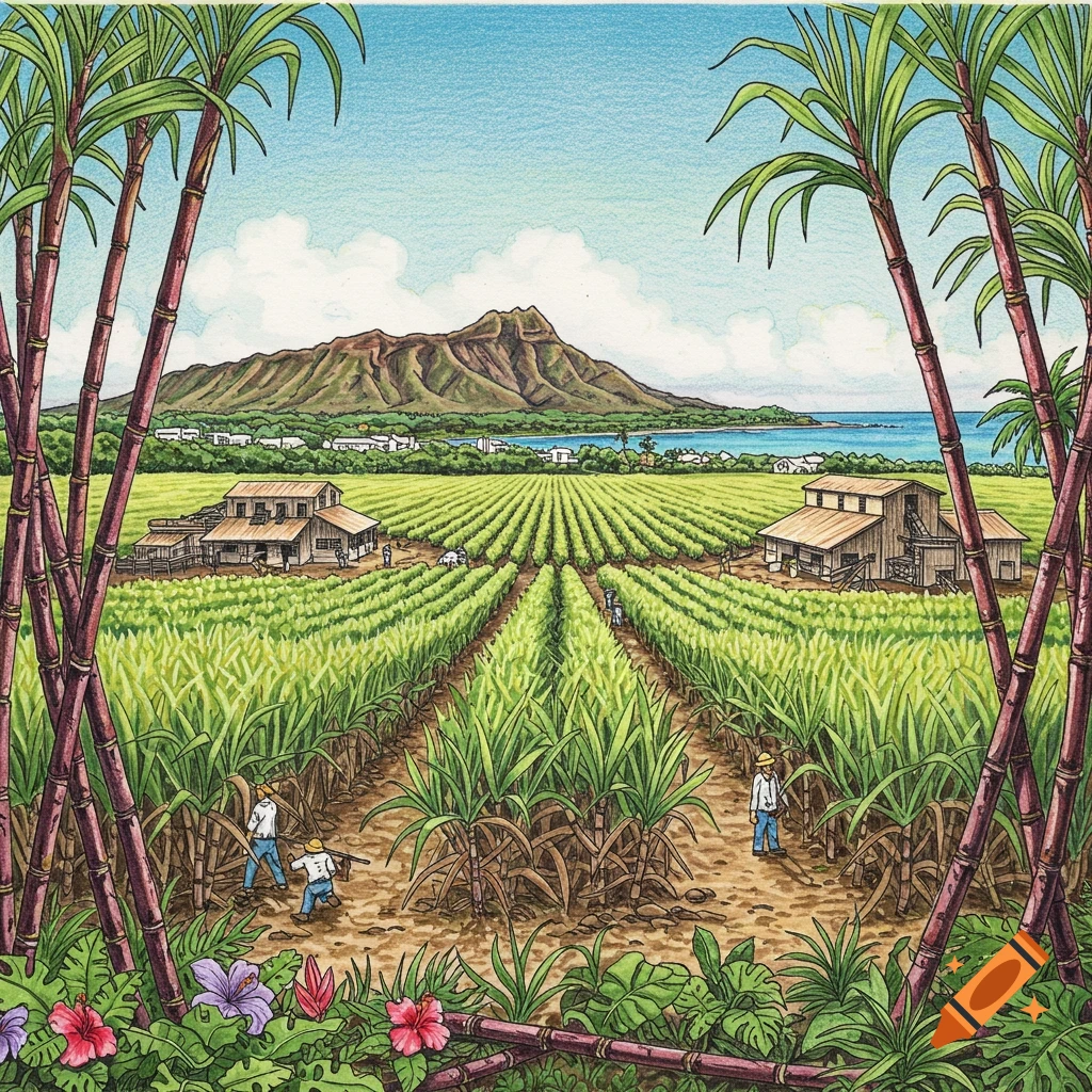 A drawing of a sugar cane plantation in Hawaii with workers, palm trees, and Diamond Head volcano in the background.