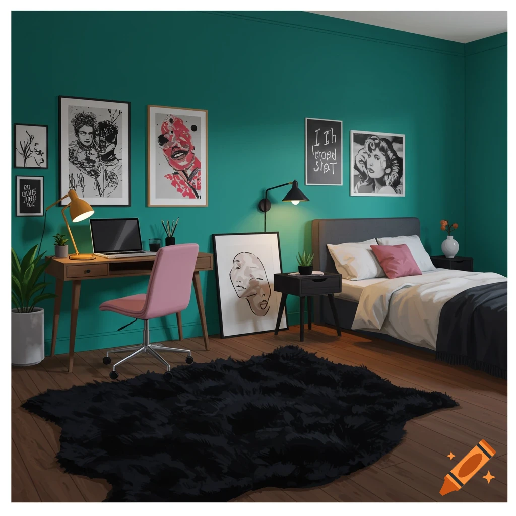 A teal room with a black furry rug, bed, and desk. Posters hang on the wall.