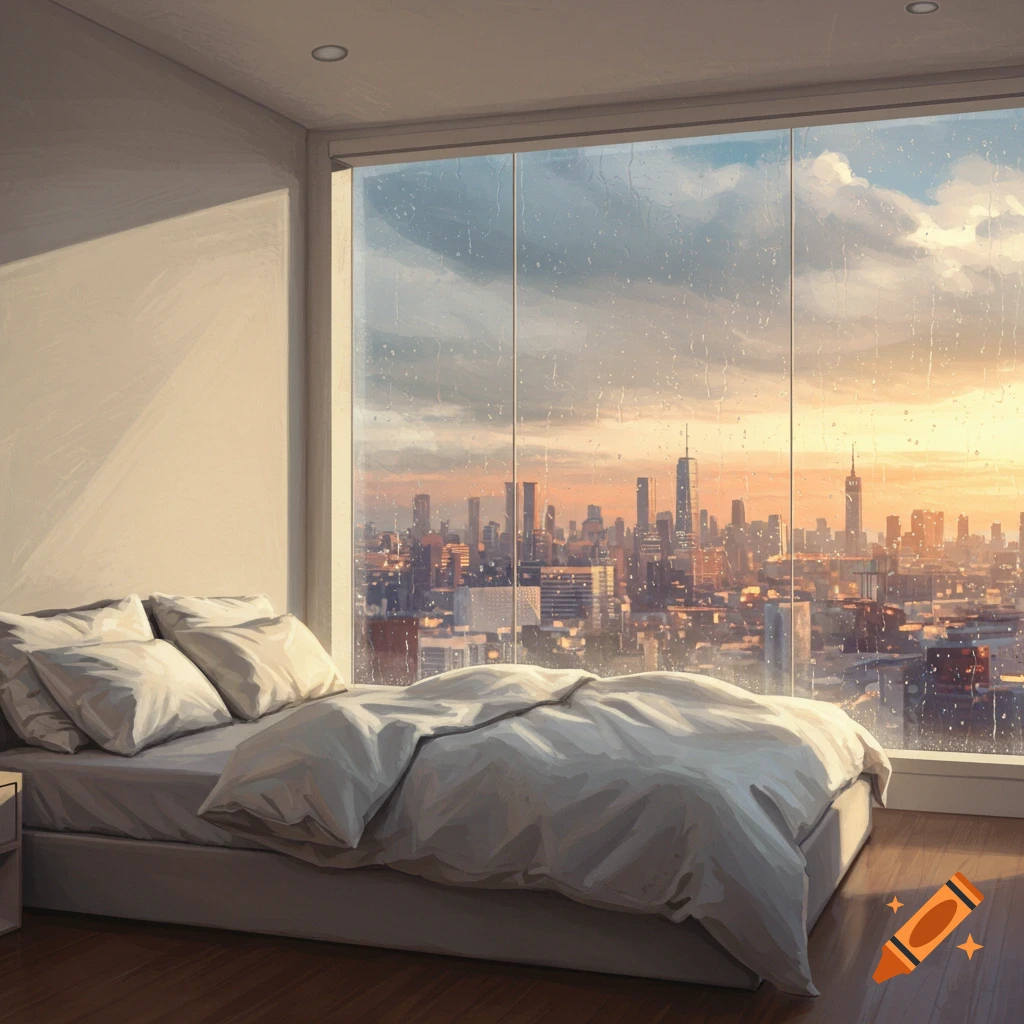 An illustration of a modern bedroom with a large window overlooking a city on a rainy day.