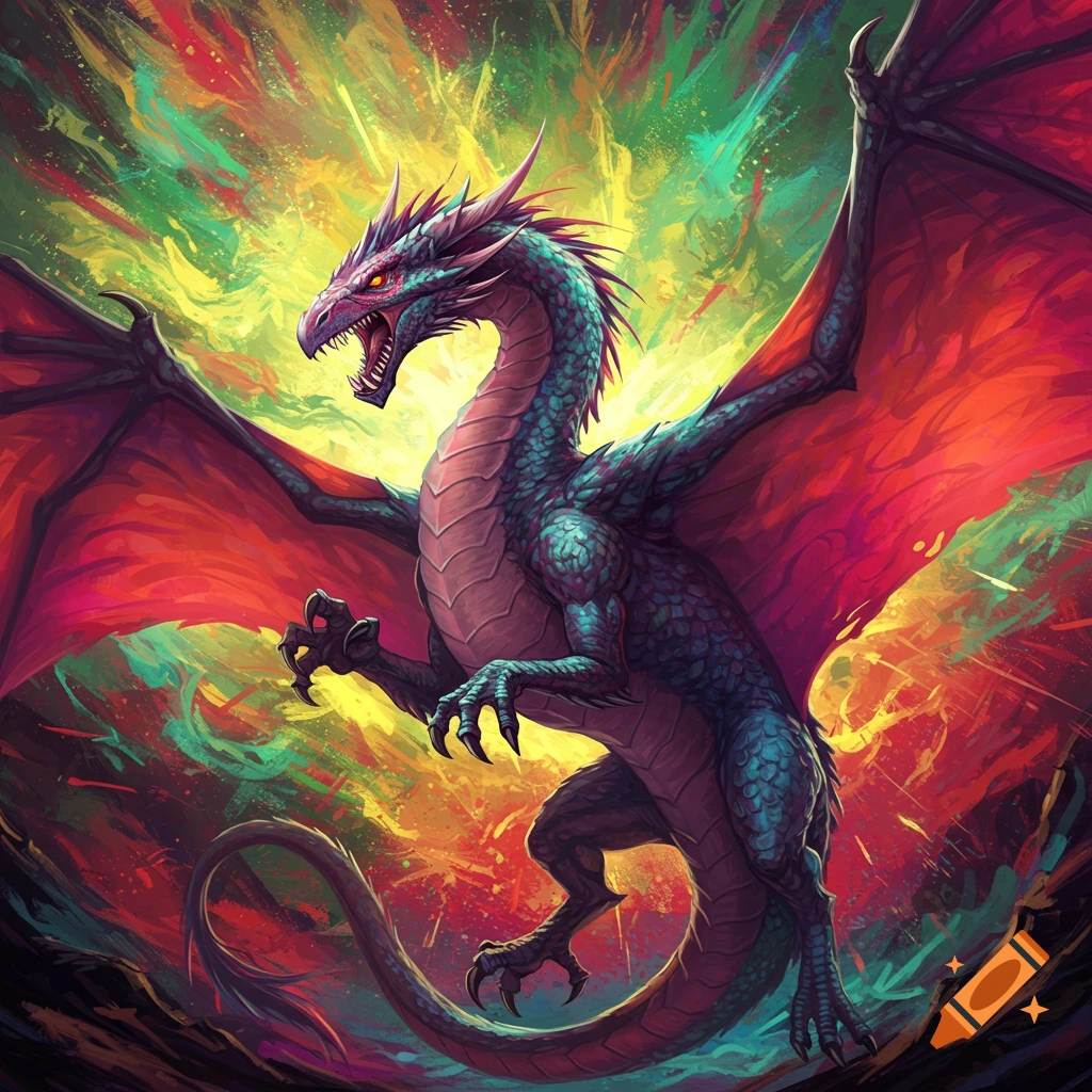 A detailed fantasy illustration of a blue dragon with red wings against a vibrant, colorful abstract background.