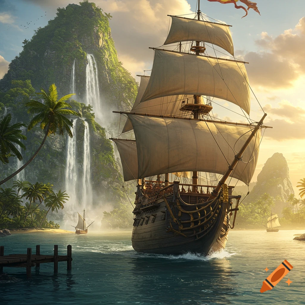 Large galleon sails towards a tropical island with a waterfall and palm trees at sunset