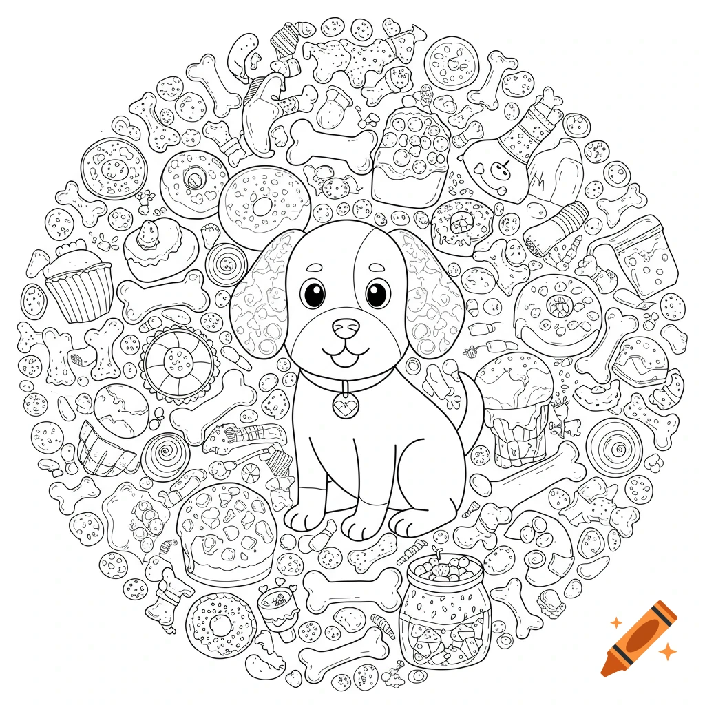Line art coloring page of a cute cartoon dog surrounded by dog treats, bones, and desserts in a circular pattern.