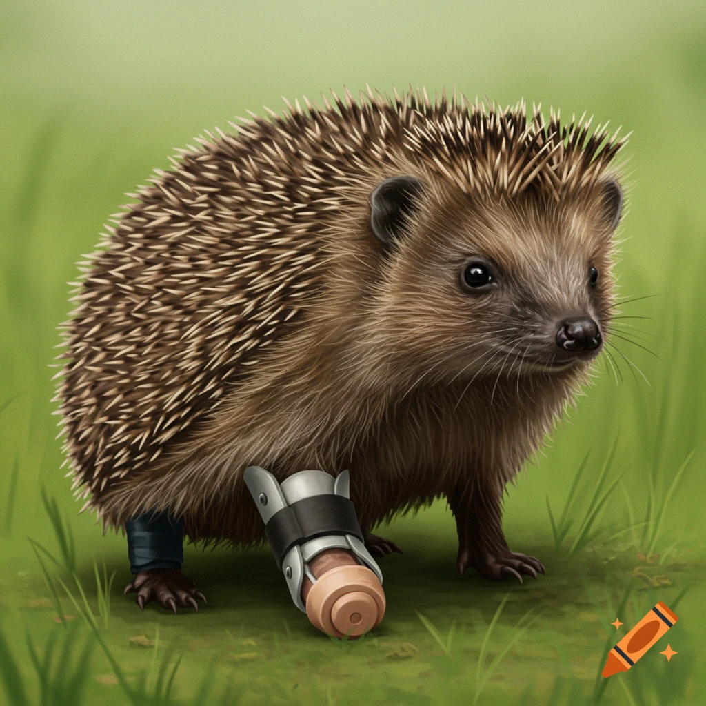 Realistic illustration of a hedgehog standing in grass with a prosthetic leg.