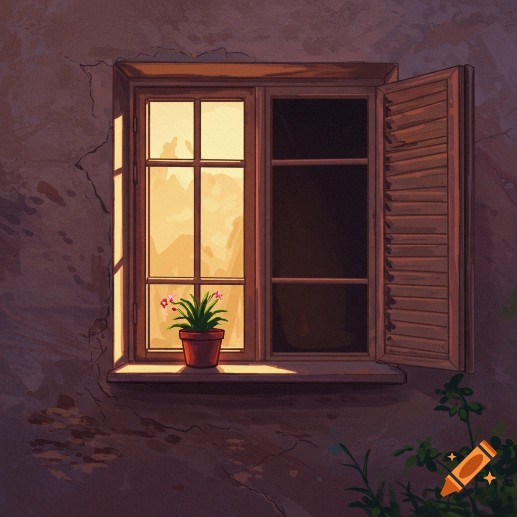 A window with a potted plant on the sill, sunlight shining through, one shutter open. Illustrative style.