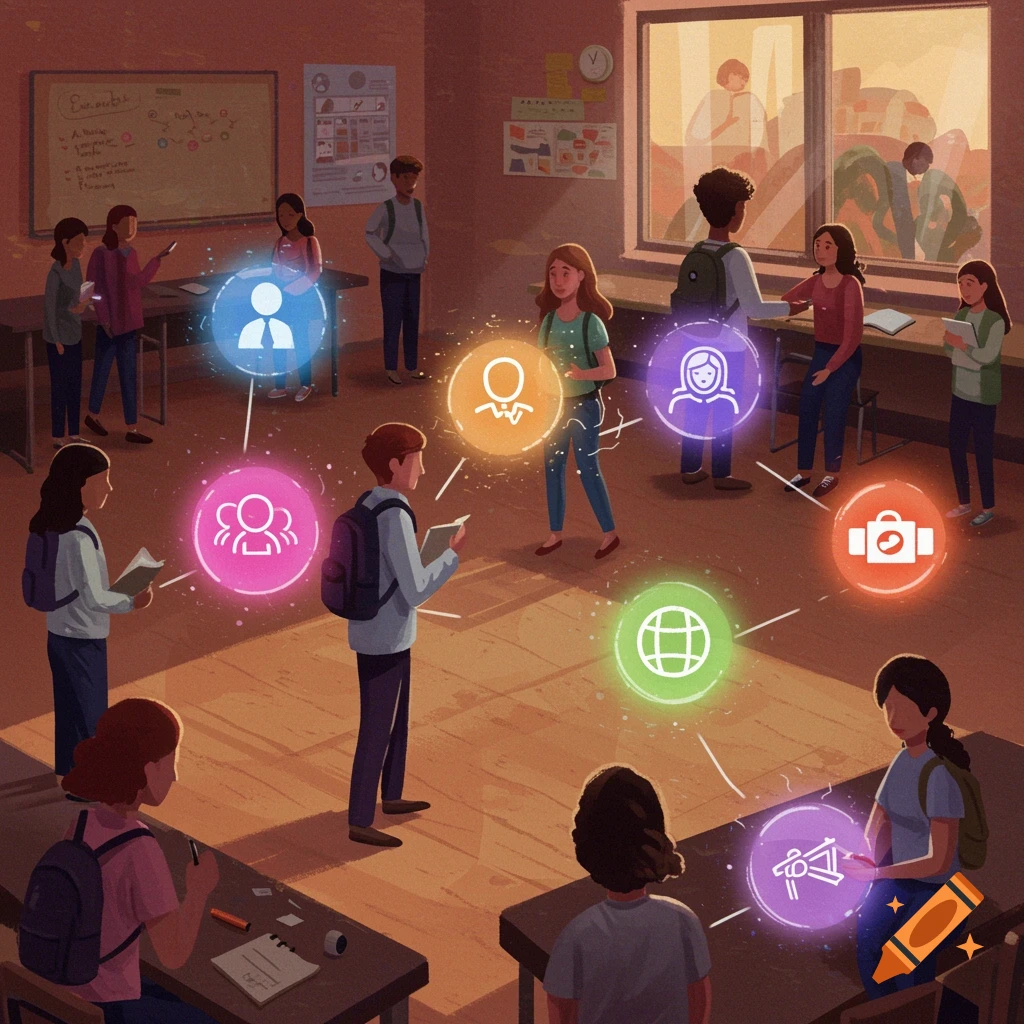 Illustration of students in a classroom with glowing icons representing concepts like mental health and communication.