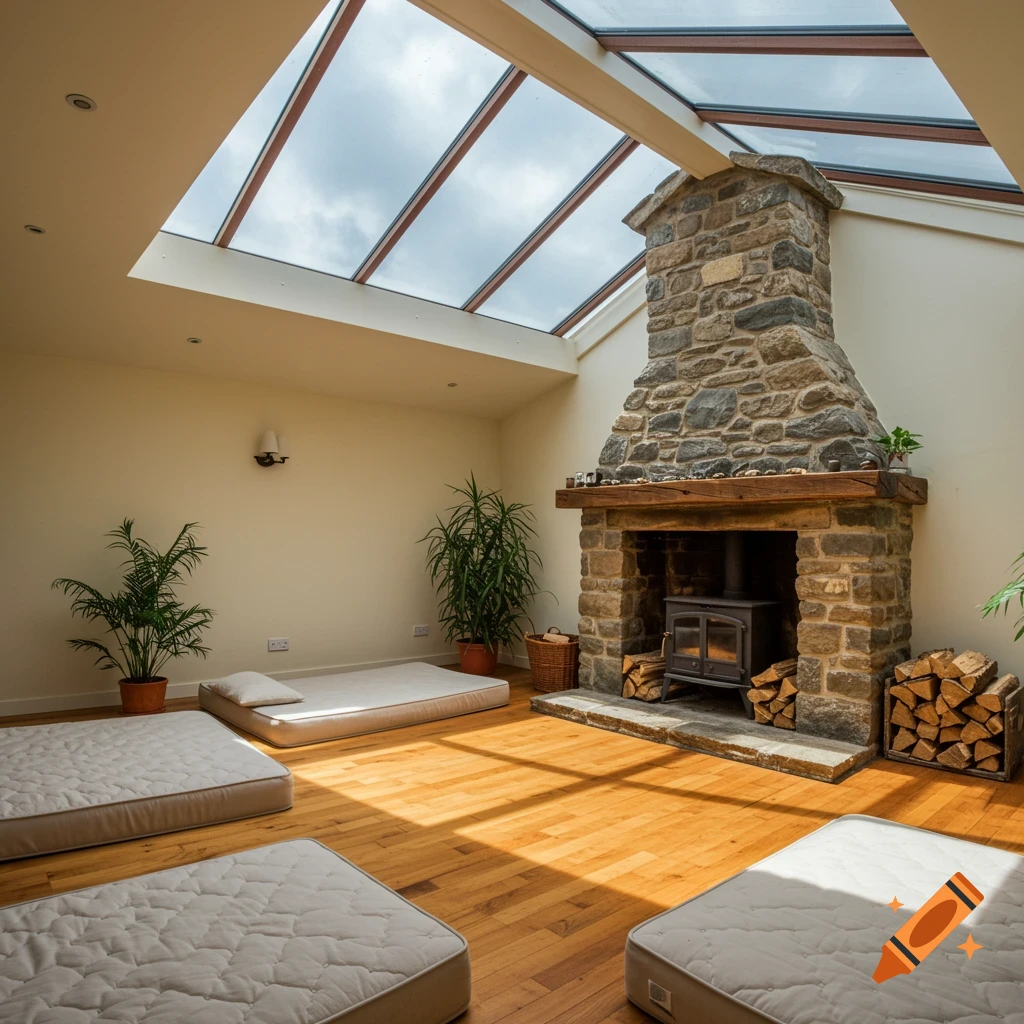 A sunroom with a large skylight, stone fireplace, and mattresses on the floor.