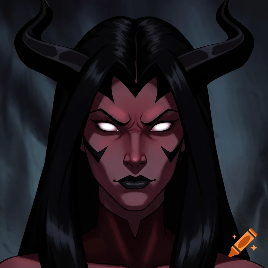 Close-up portrait of a red-skinned female fantasy character with black horns and glowing white eyes in a comic book style.