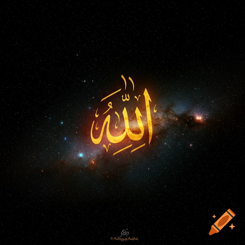 Gold Arabic calligraphy for 'Allah' against a starry space background.