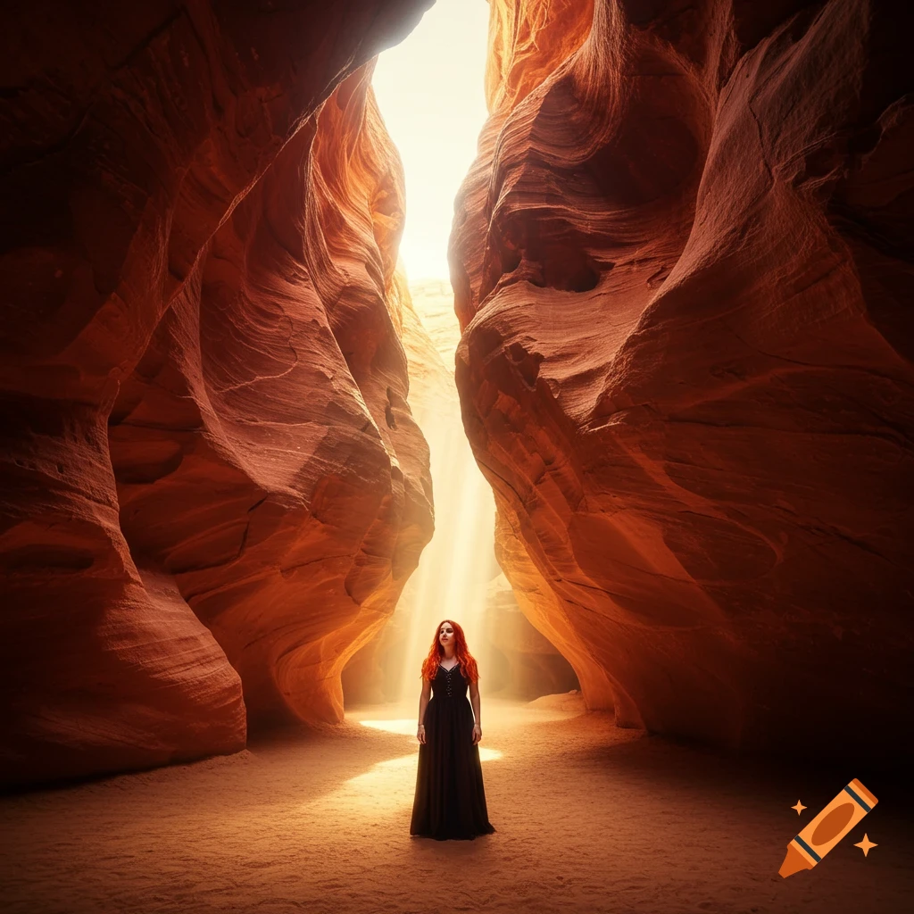 A woman with red hair in a black dress stands in a dramatic red rock canyon with sunlight streaming from above.