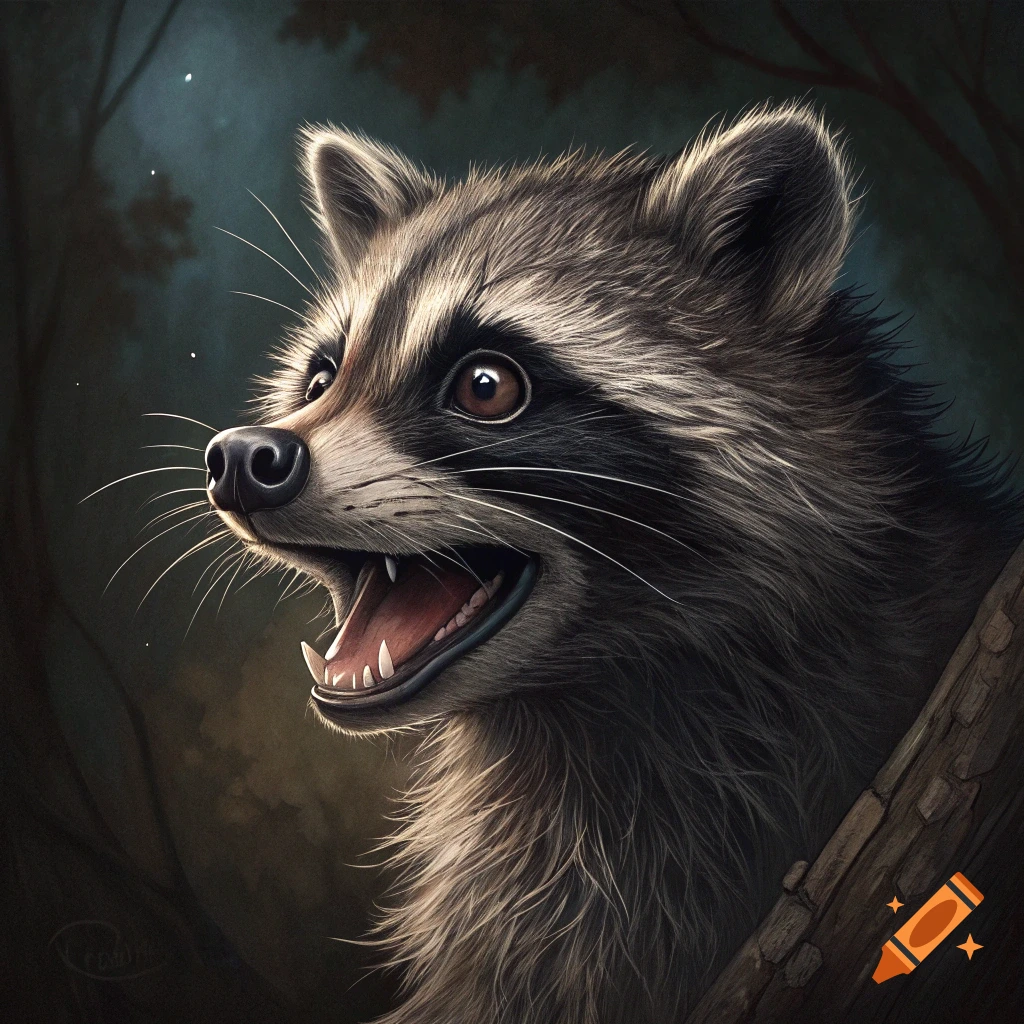 Close-up illustration of a raccoon looking up in a dark forest.