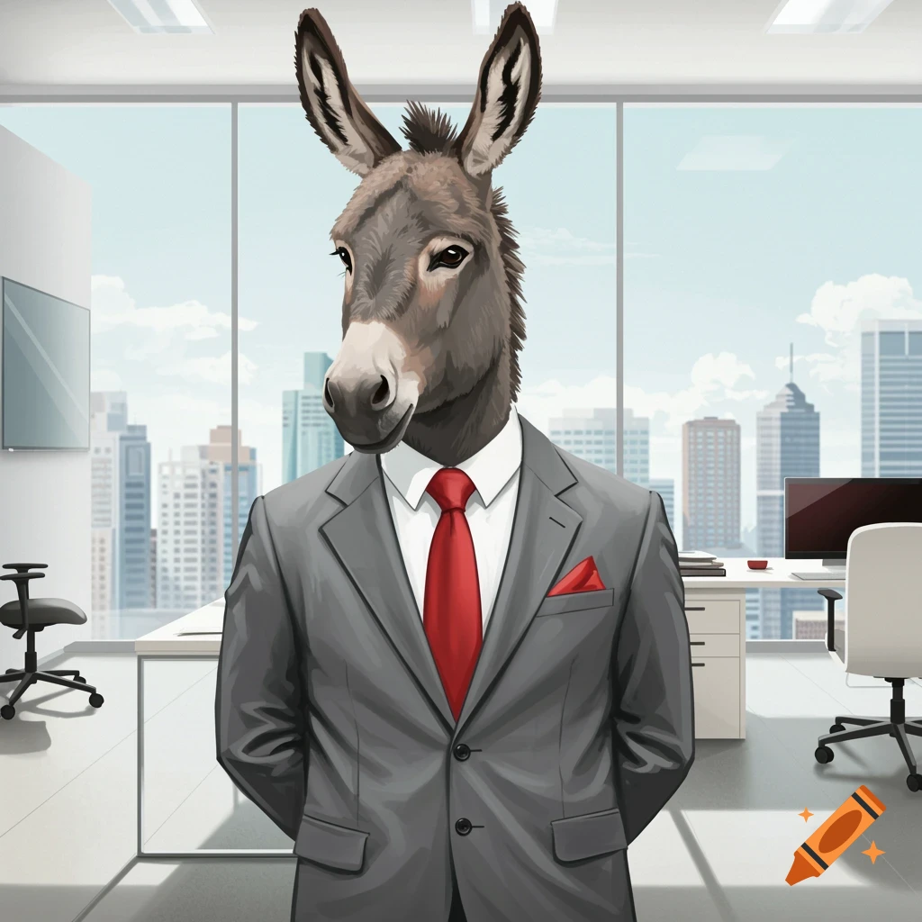 A donkey wearing a gray suit and red tie stands in an office.
