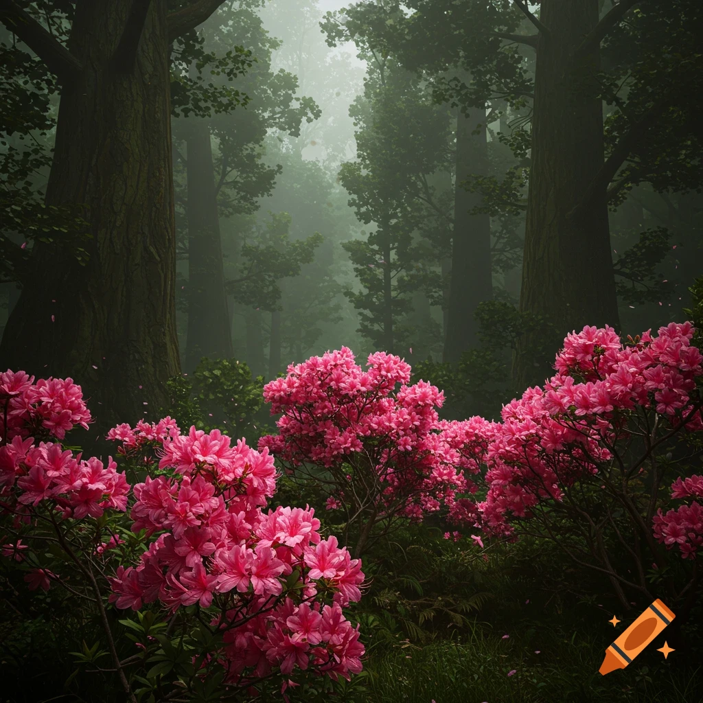 A forest floor covered in vibrant pink flowers with tall trees in the background and mist.