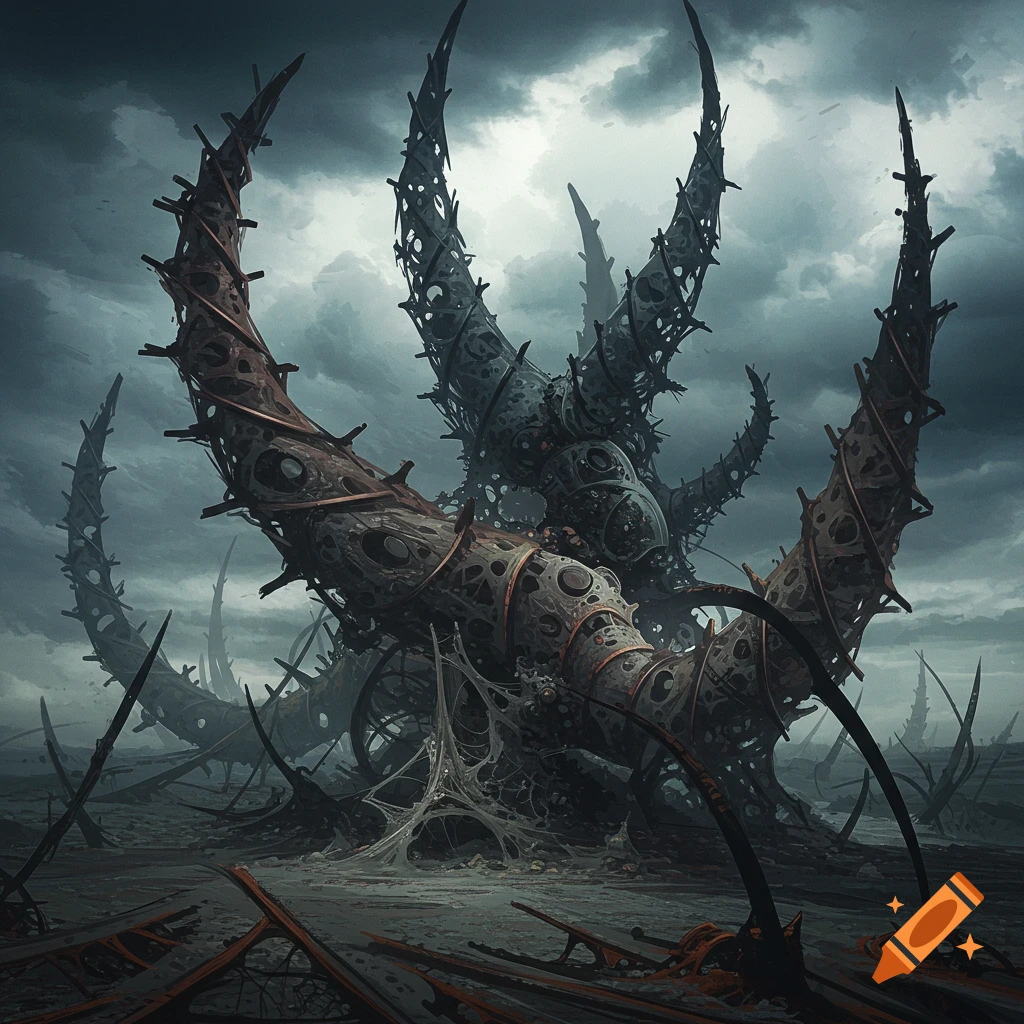 Large, dark, thorny, organic structures rise under a cloudy sky in the style of Zdzislaw Beksinski.