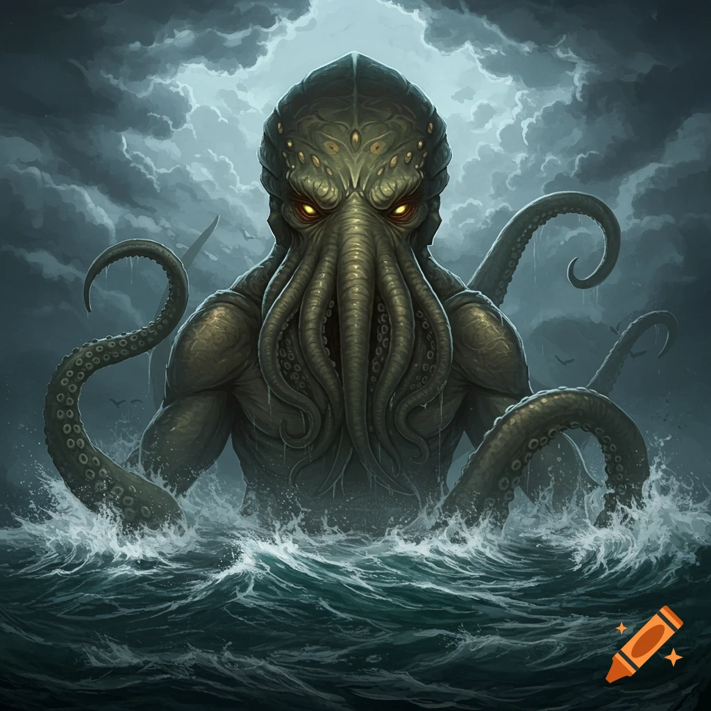 A monstrous, tentacled figure with glowing eyes emerges from stormy waves beneath a dark, cloudy sky.