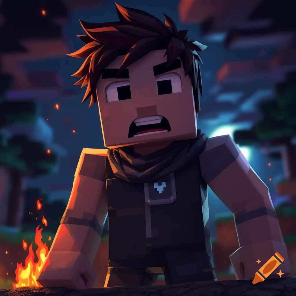 Stylized Minecraft character profile picture with a scared expression near a fire at night.