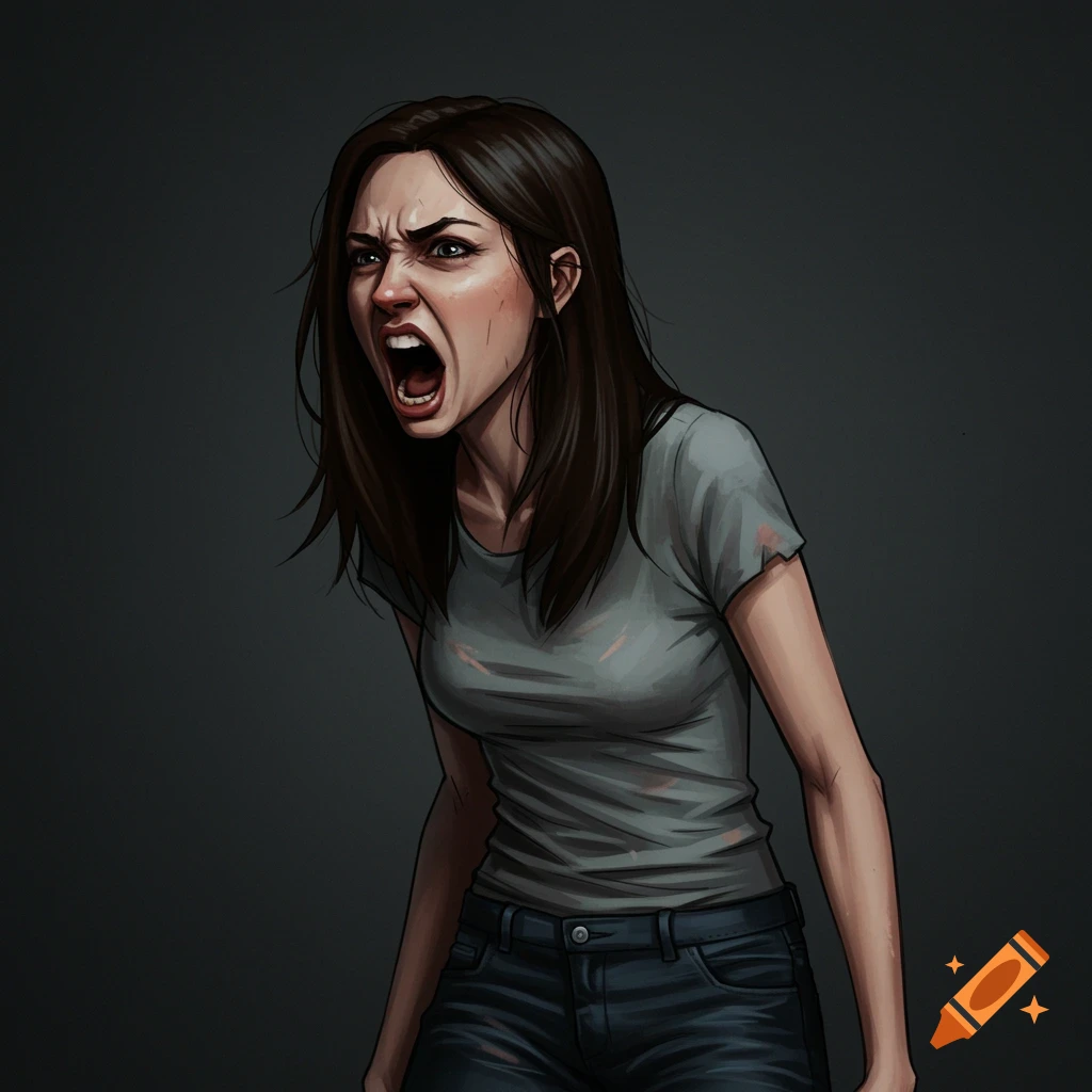 Stylized illustration of a woman screaming aggressively