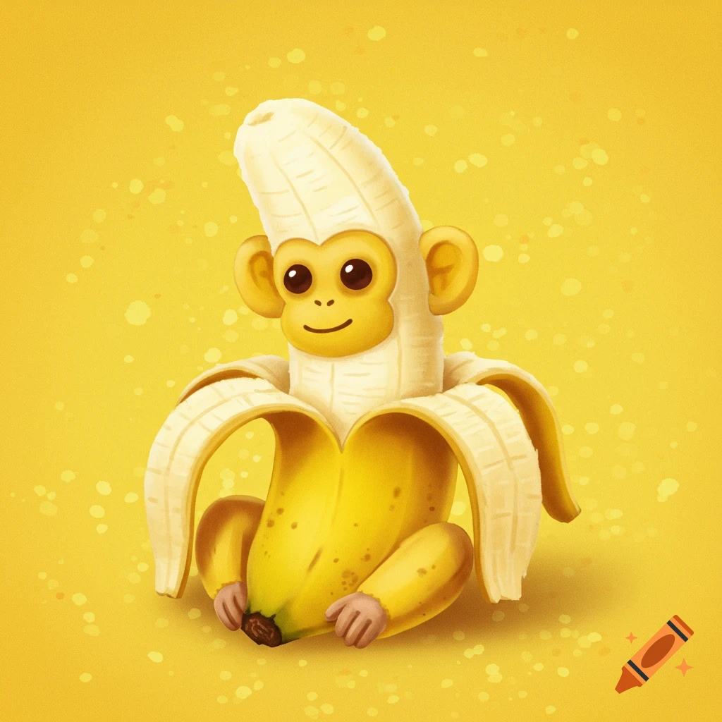 Cartoon illustration of a monkey made from a peeled banana
