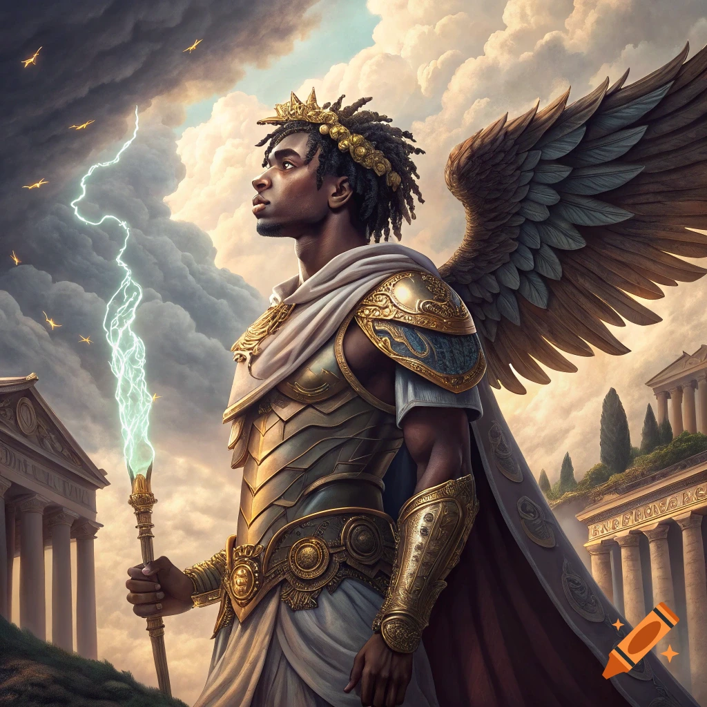 Dramatic fantasy painting of a man with wings and armor holding a lightning staff in front of classical buildings.