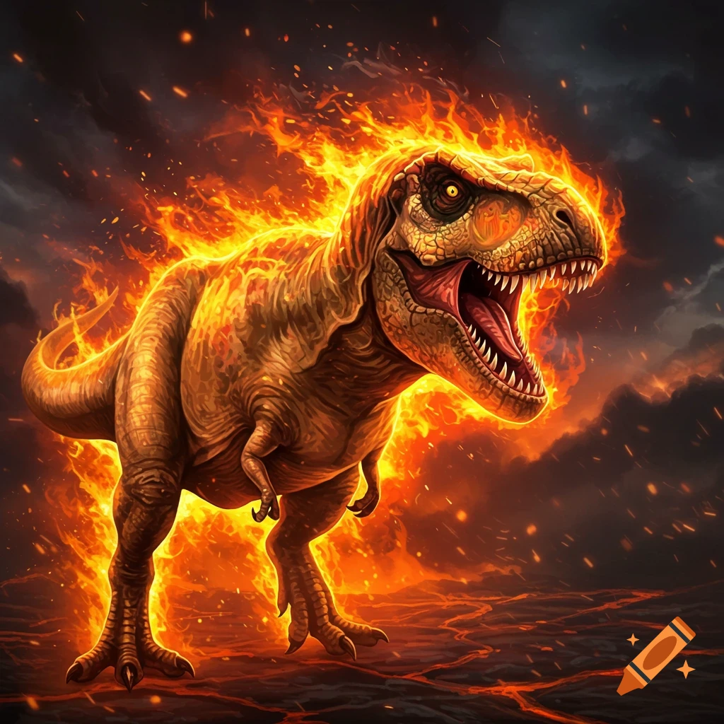 A roaring Tyrannosaurus Rex covered in flames stands on cracked lava ground under a smoky sky.