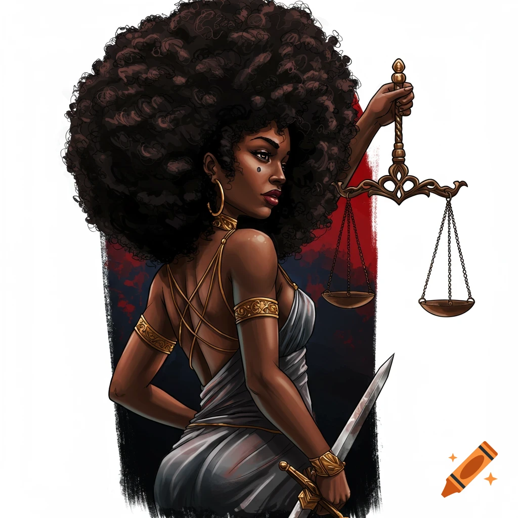 Illustration of a Black woman with large afro, holding scales and sword, looking over her shoulder.
