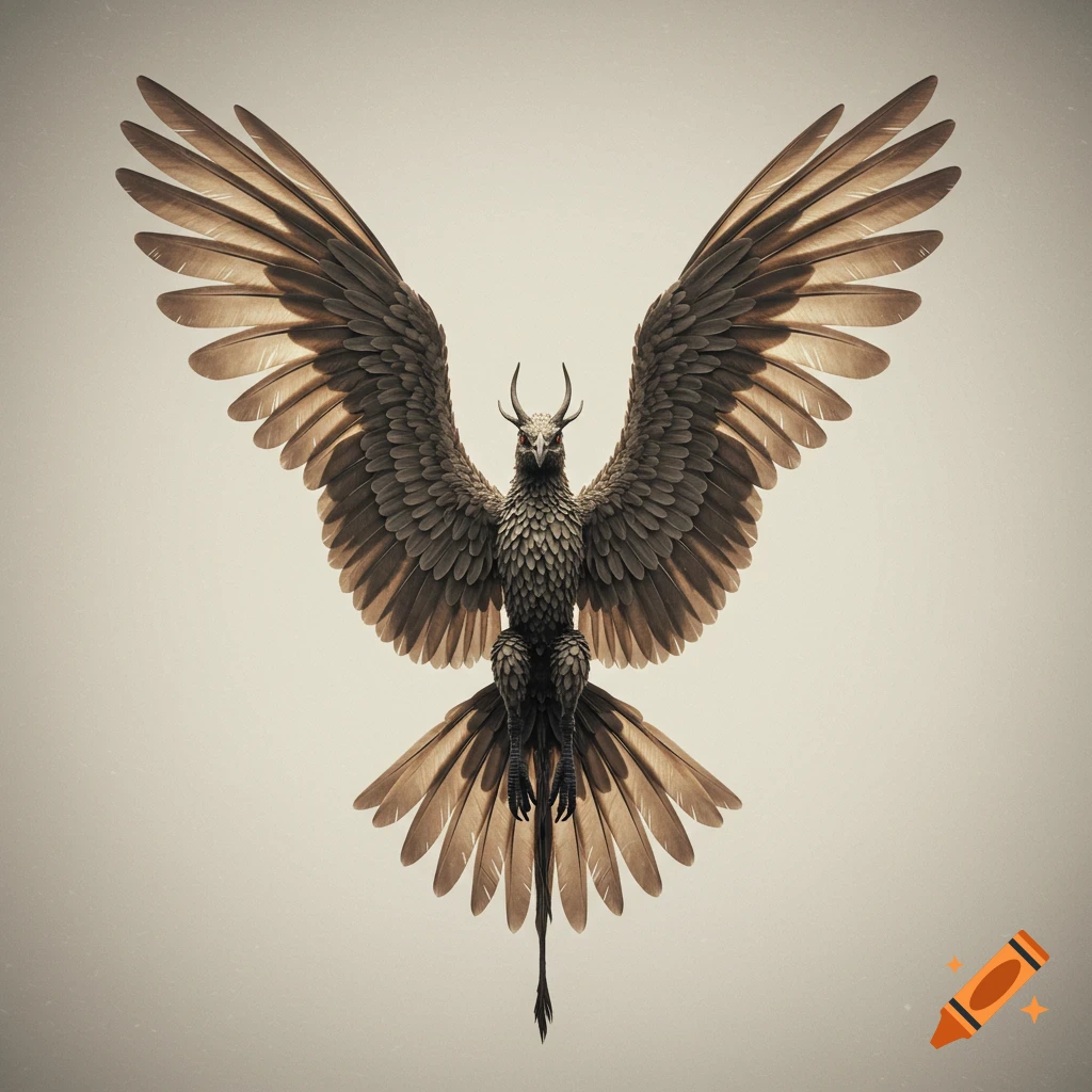 A large dark fantasy winged creature with horns spreads its wings against a light background.