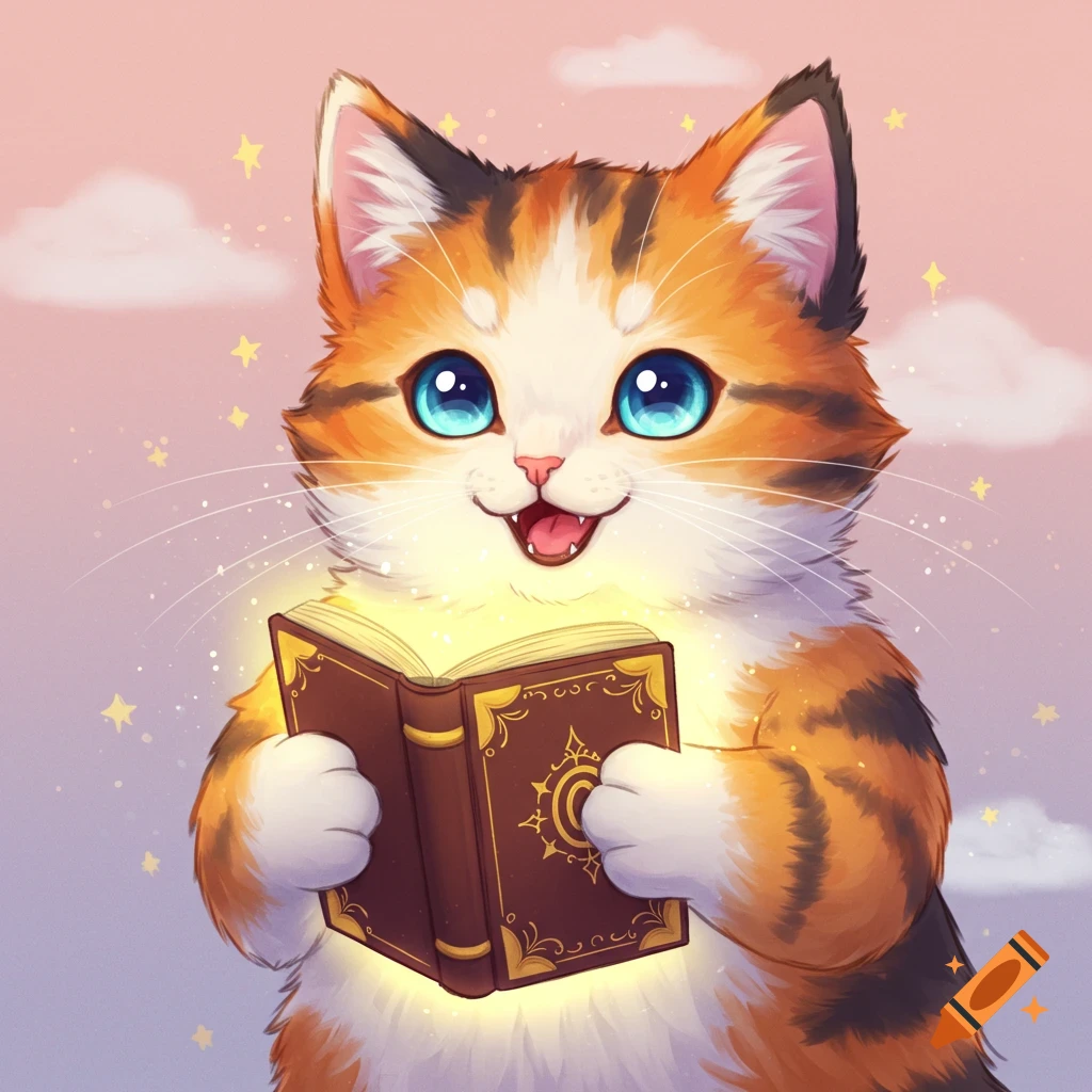 Cute calico cat with bright blue eyes holding a glowing book in a sky background.