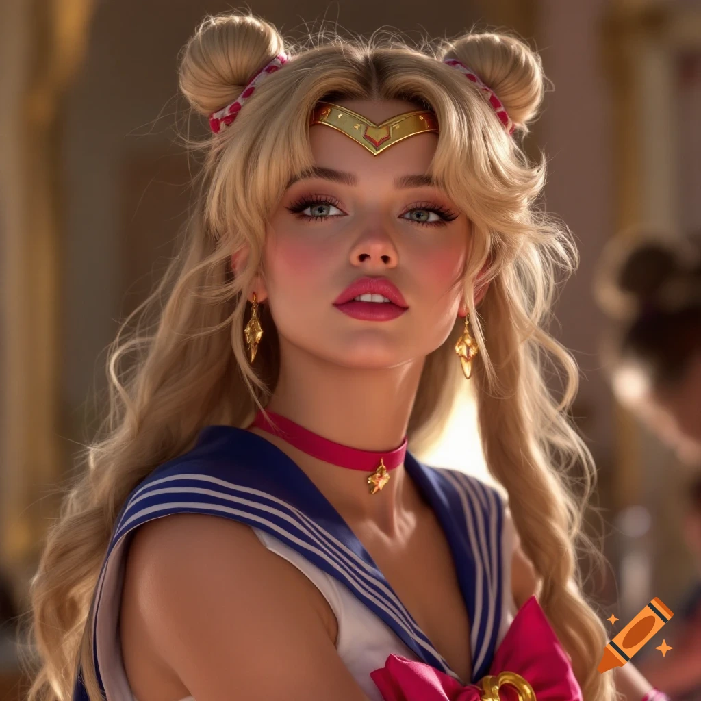 Realistic portrait of a woman cosplaying as Sailor Moon