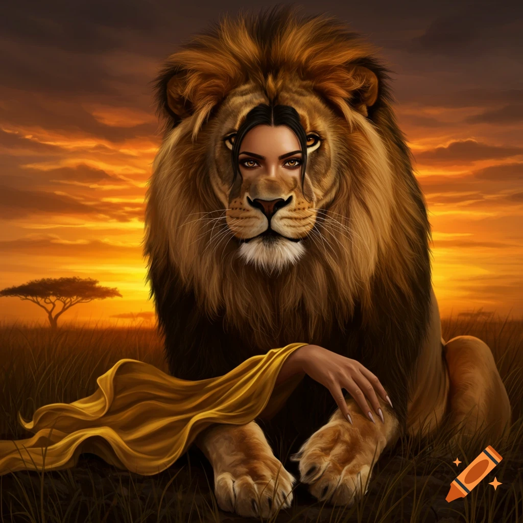 Fantasy image of a woman's face and arm fused with a lion's body in a savanna at sunset.