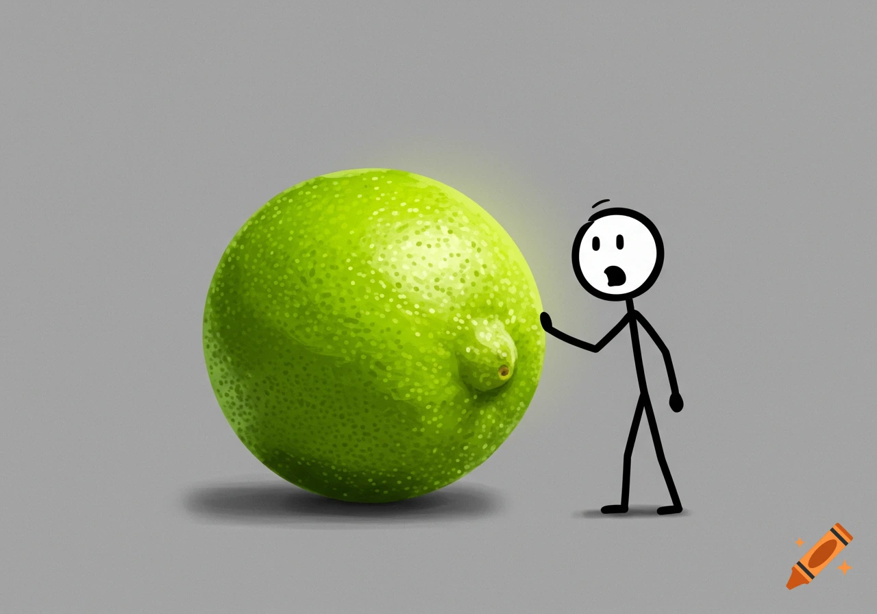 A black stick figure looks surprised at a large lime.