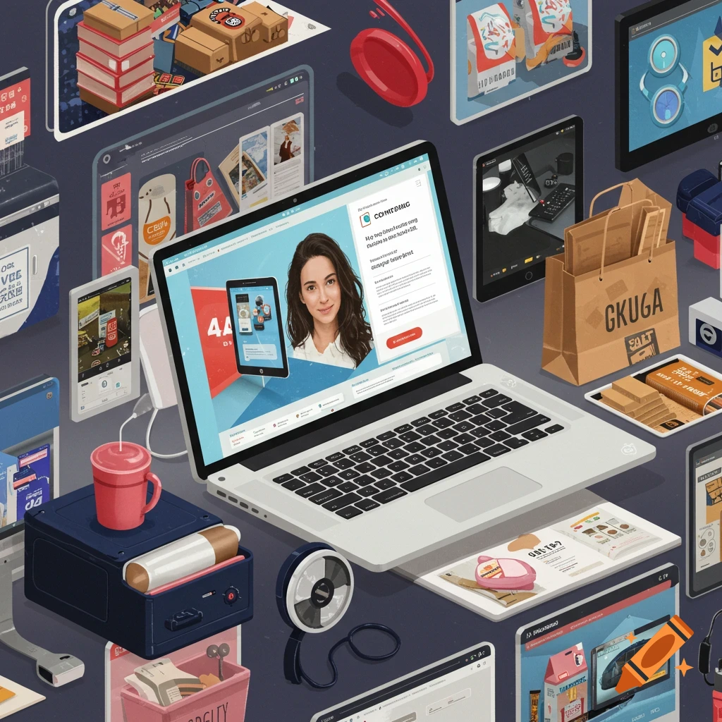 Digital art collage of e-commerce elements including screens, shopping bags, and boxes.