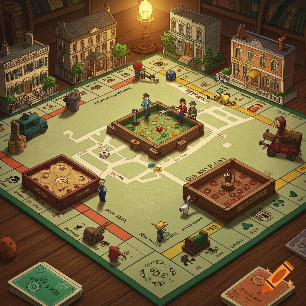 Whimsical board game scene with miniature buildings, figures, and cards on a table.