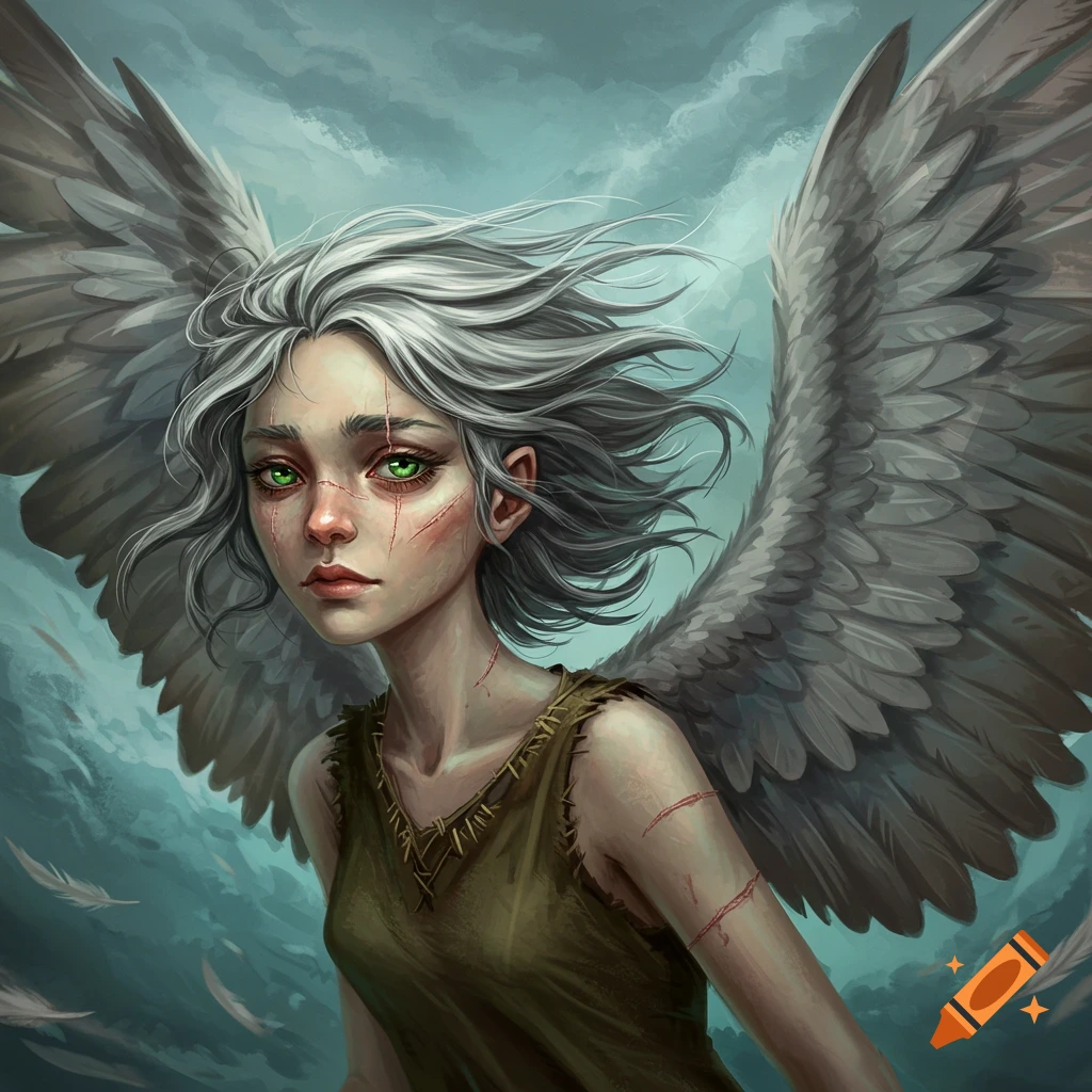 a bird-girl hybrid character with grey hair, green eyes, scars, and large wings against a stormy sky.