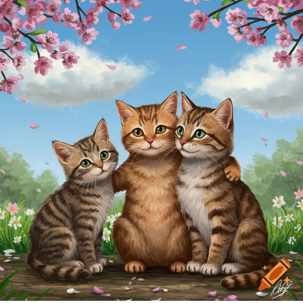 Three tabby and orange kittens sit together under pink cherry blossoms in a spring park illustration.
