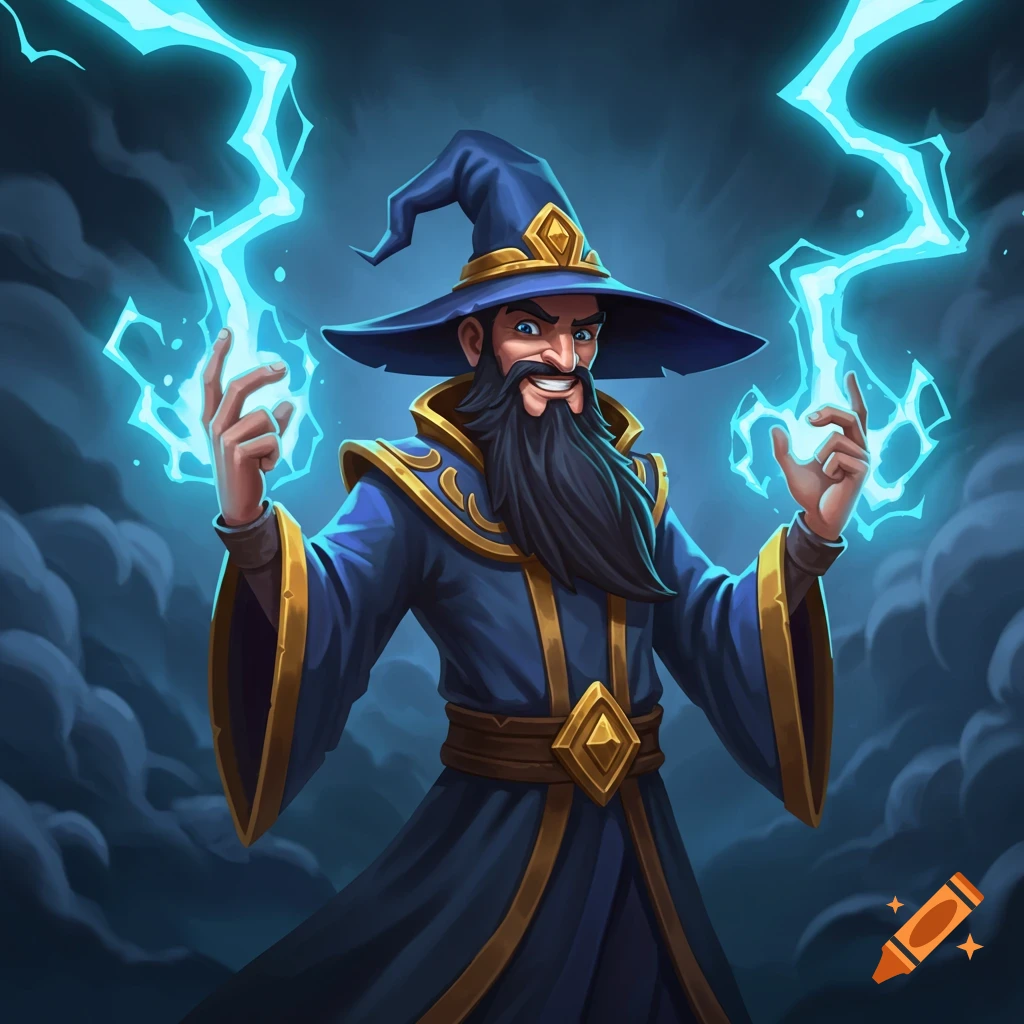 Cartoon wizard casting lightning from fingertips.