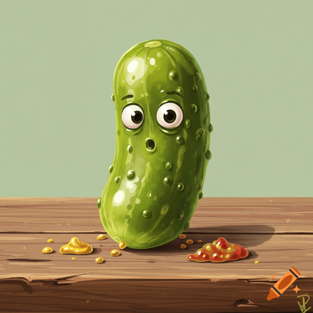 Cartoon pickle with big eyes sits on a wooden table next to mustard and ketchup.