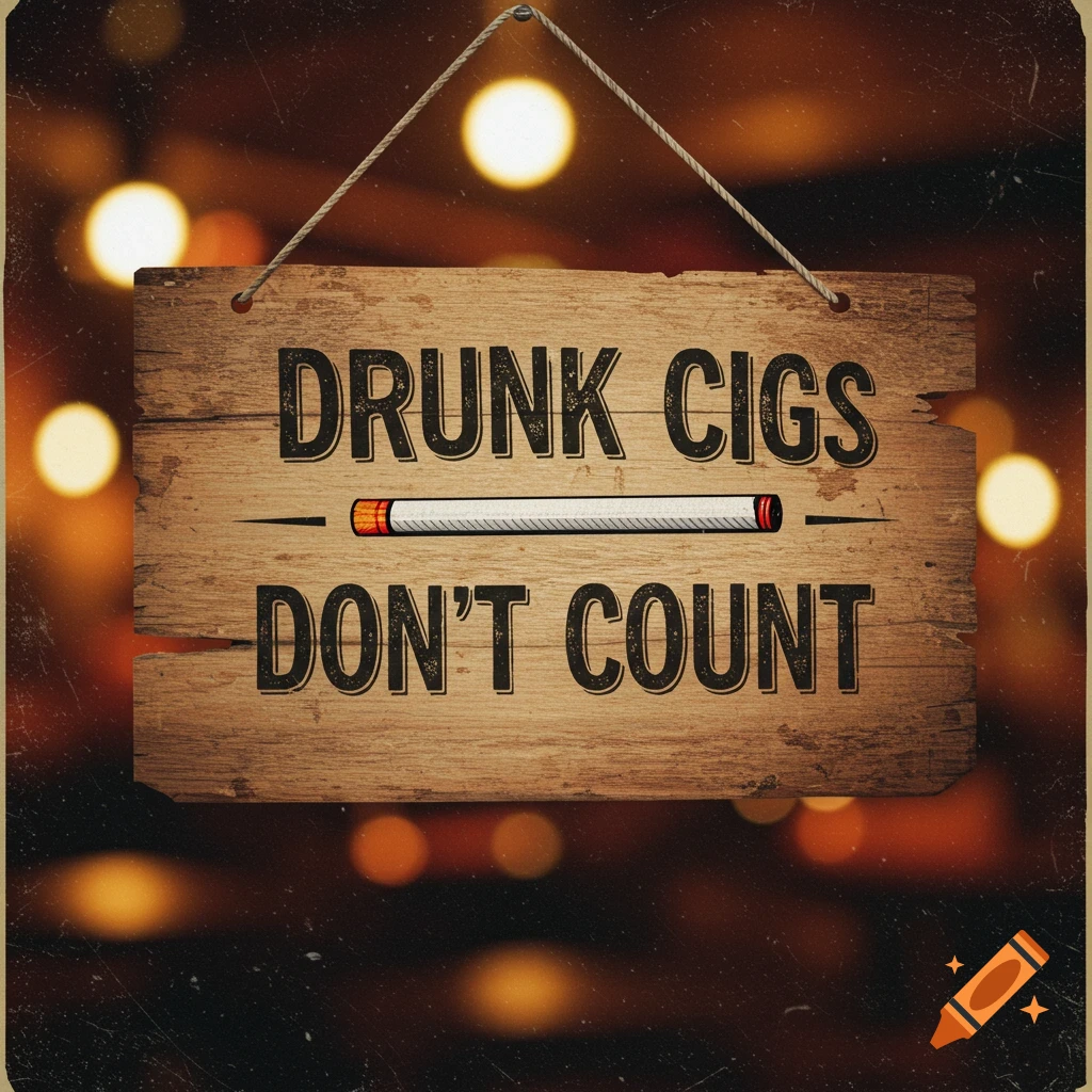 Rustic wooden sign with the text 'DRUNK CIGS DON'T COUNT' hanging against a blurry background.
