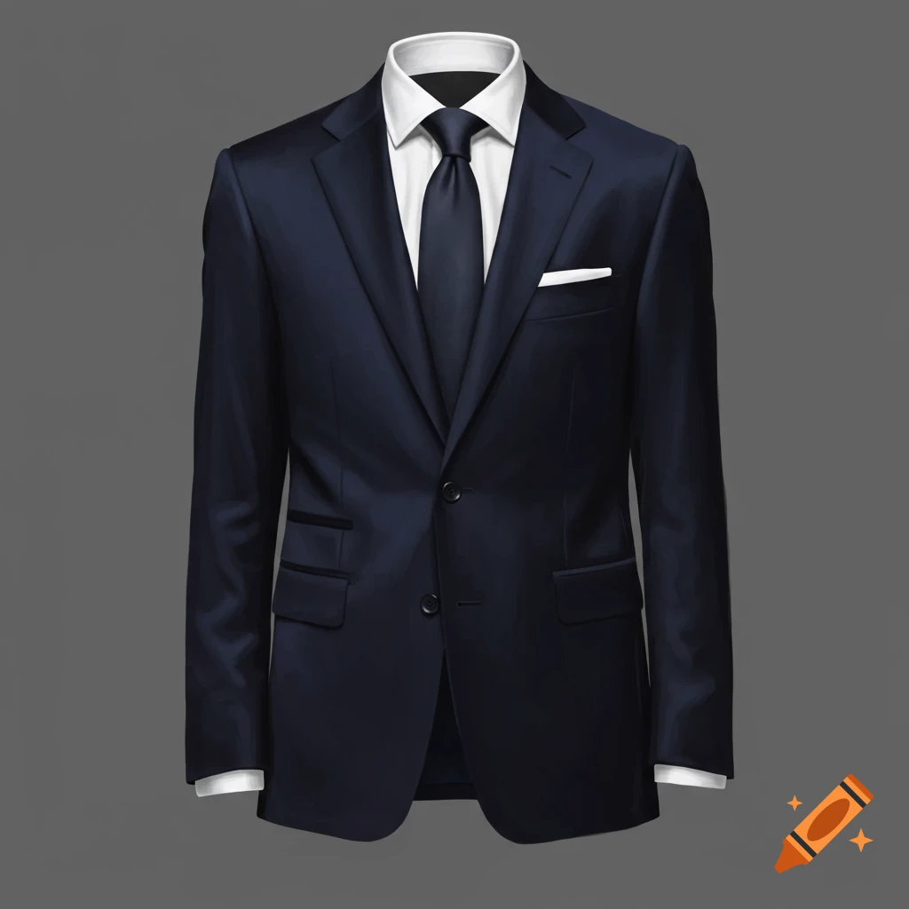 A navy blue suit with a white shirt and dark tie.