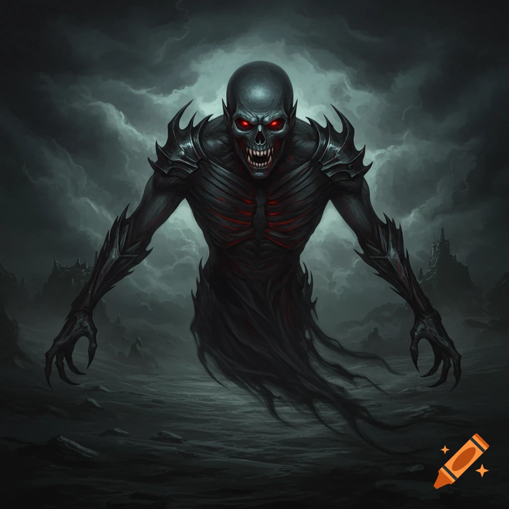 Dark fantasy illustration of a skeletal spirit creature with red eyes and glowing ribs, floating above desolate ground under stormy skies.