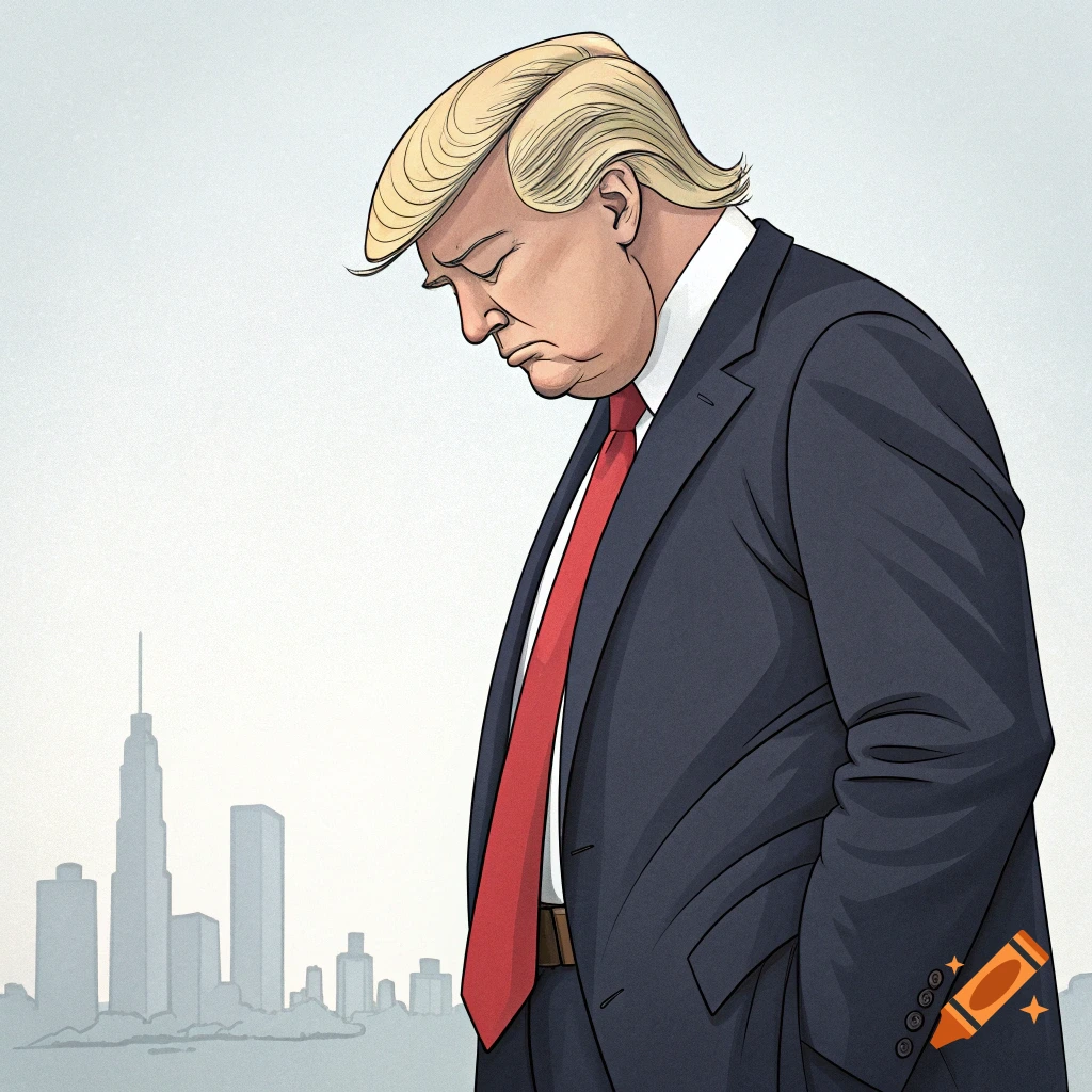 Illustration of Donald Trump looking down sadly in front of a city skyline.