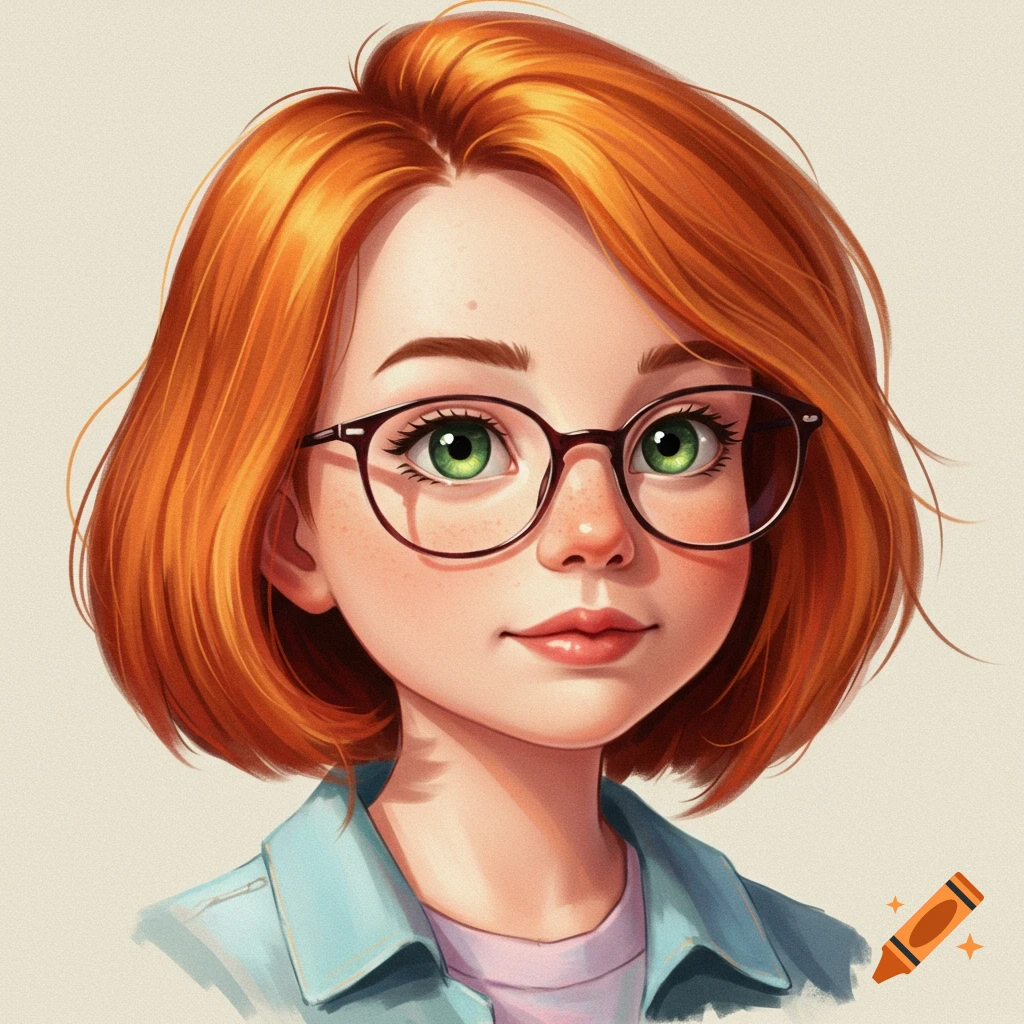 Stylized portrait of a red-haired girl with glasses, freckles, and green eyes.