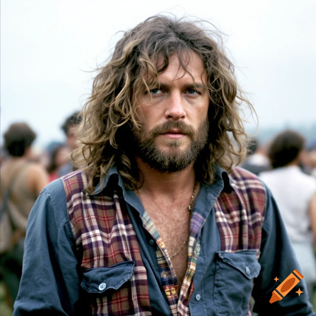 Portrait of a man with long hair and beard in a layered shirt among a crowd.